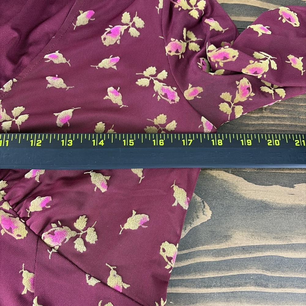Betsey Johnson Dress Womens S Burgundy Floral Mini Sheer Mesh Flare Sleeve - Picture 8 of 12